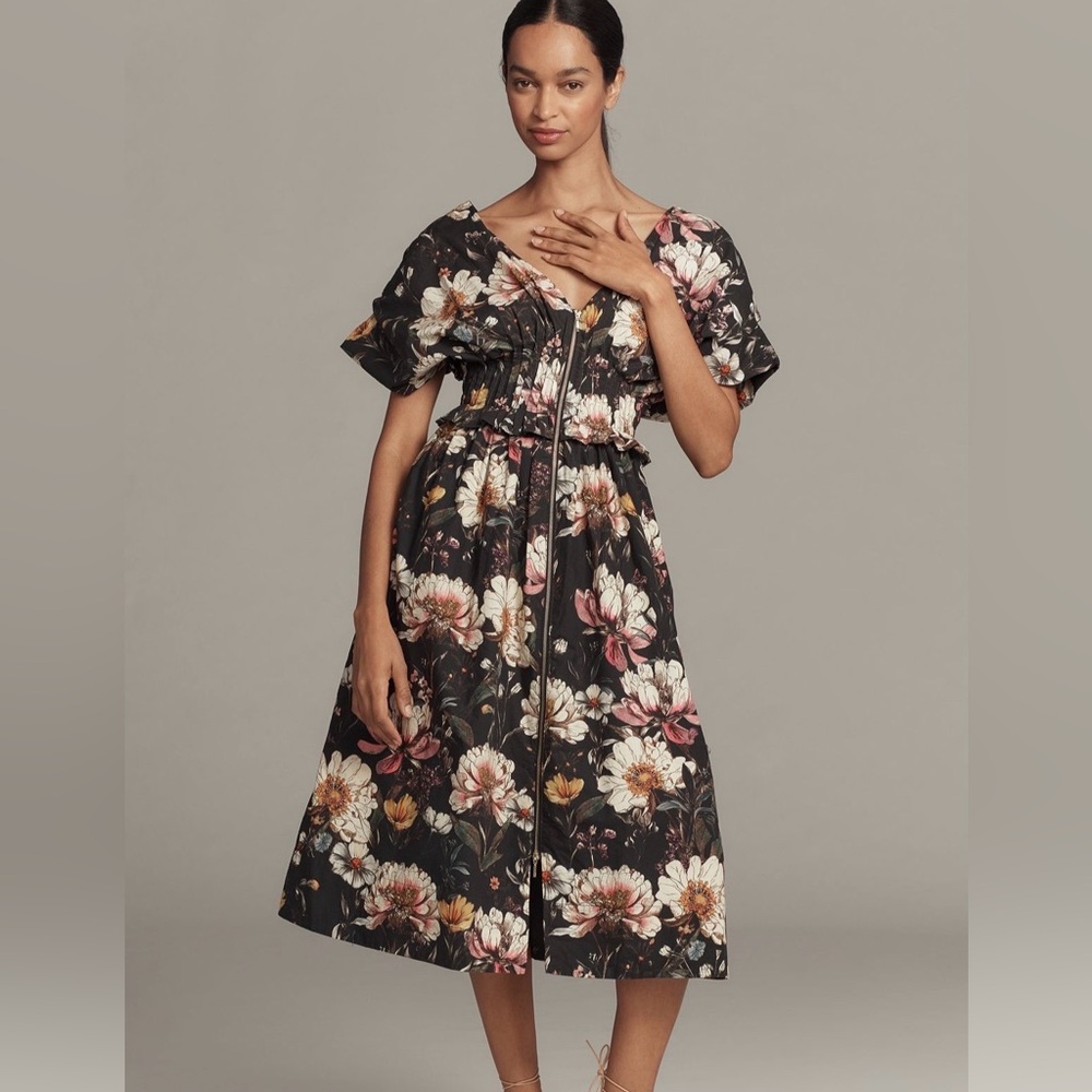 Anthropologie Black Floral Midi Dress with Zip Front